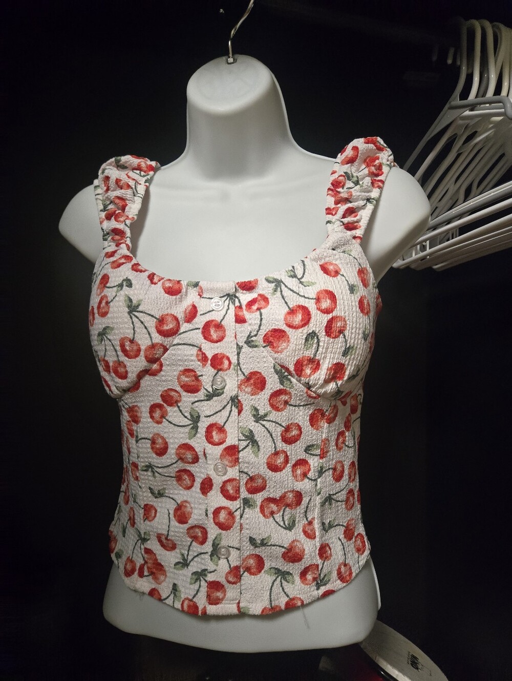 Derek Heart Cherry Print Milkmaid Camisole Top Ruffle Straps Smocked Size M